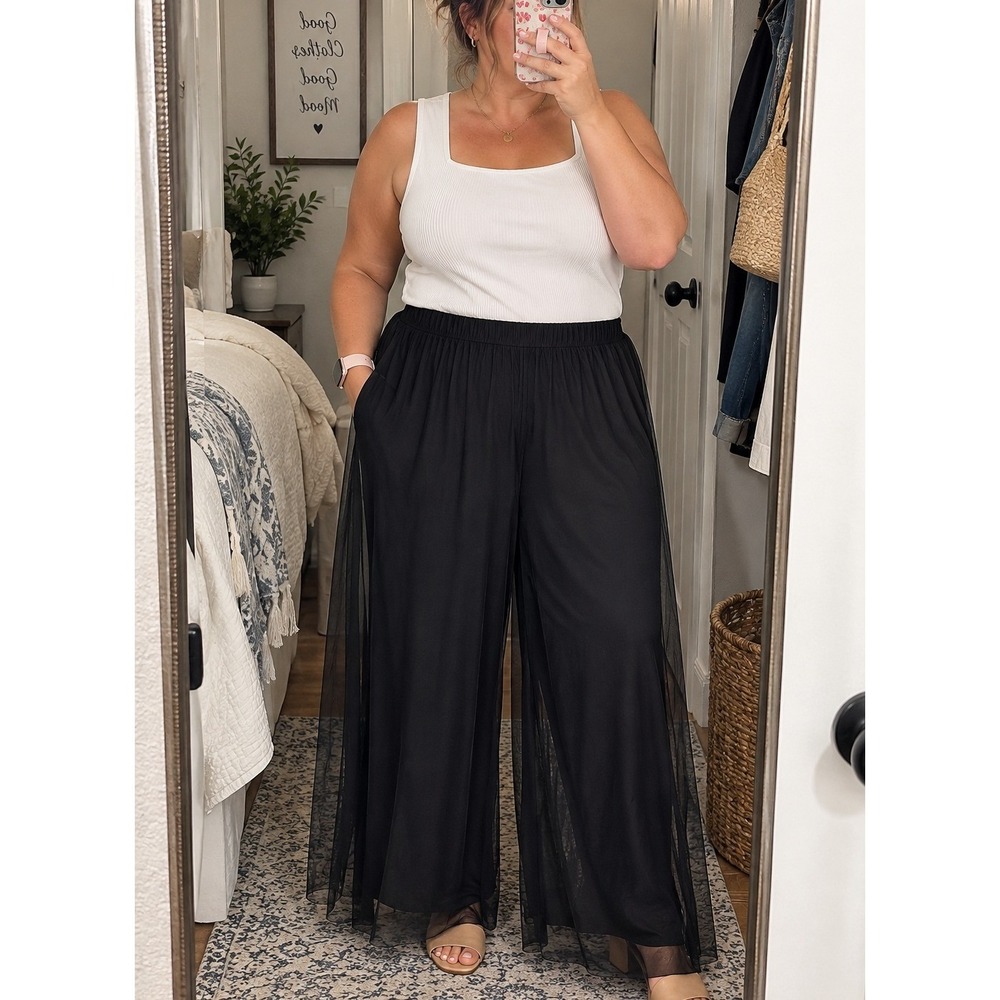 IC Collection Mesh Wide Leg Pants 2X Black Pull On Sheer Overlay NWOT